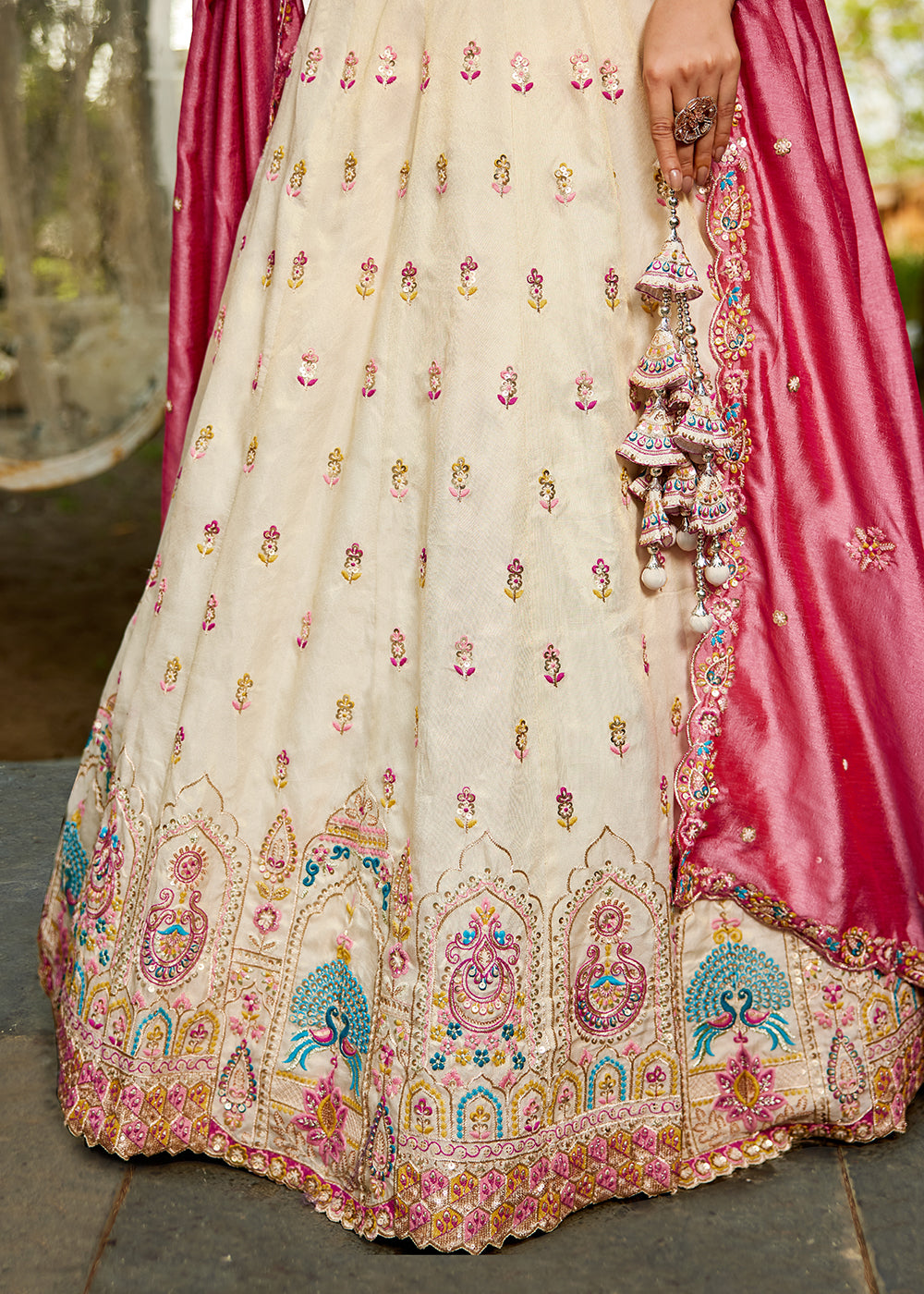 Buy Now Cream Tissue Fabric Embroidered Reception Lehenga Choli Online in USA, UK, Canada, France, Italy, Germany, Denmark, UAE & Worldwide at Empress Clothing.