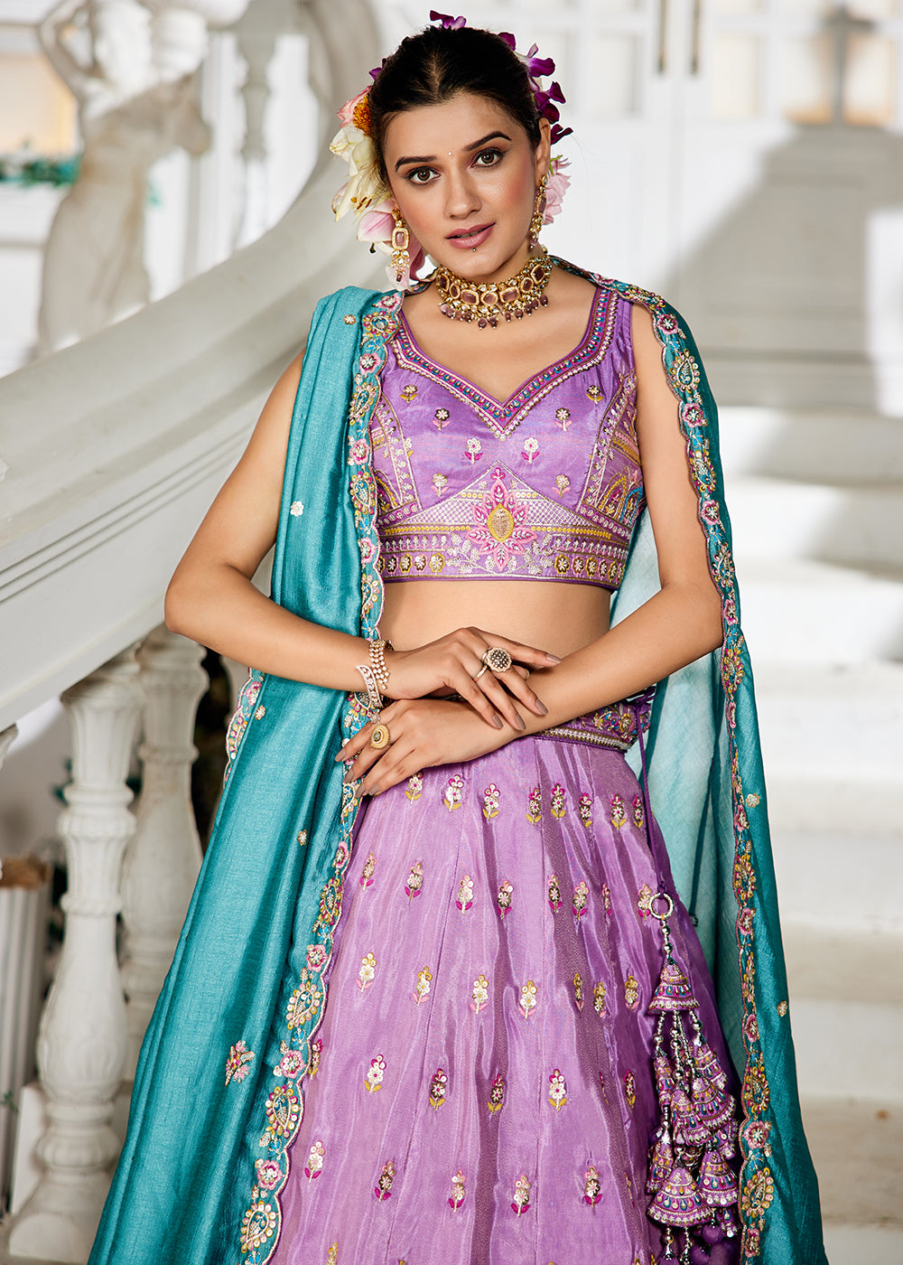 Buy Now Lavender Tissue Fabric Embroidered Reception Lehenga Choli Online in USA, UK, Canada, France, Italy, Germany, Denmark & Worldwide at Empress Clothing.