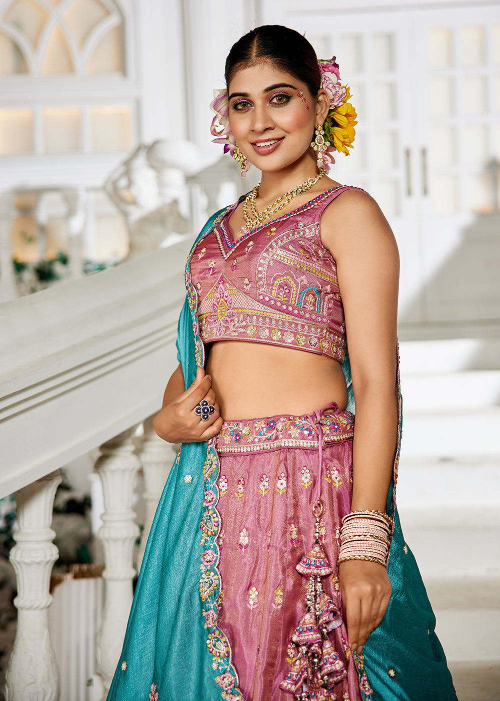 Buy Now Pink Tissue Fabric Embroidered Reception Lehenga Choli Online in USA, UK, Canada, France, Italy, Germany, Denmark, UAE & Worldwide at Empress Clothing.