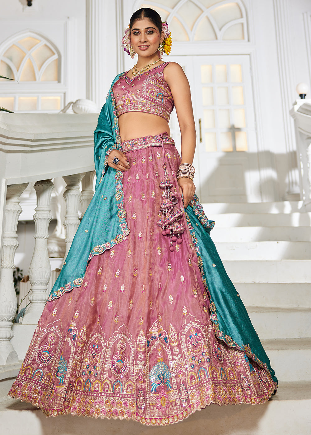 Buy Now Pink Tissue Fabric Embroidered Reception Lehenga Choli Online in USA, UK, Canada, France, Italy, Germany, Denmark, UAE & Worldwide at Empress Clothing.