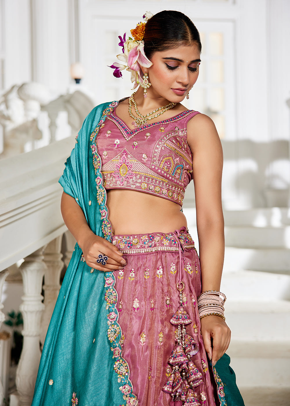 Buy Now Pink Tissue Fabric Embroidered Reception Lehenga Choli Online in USA, UK, Canada, France, Italy, Germany, Denmark, UAE & Worldwide at Empress Clothing.