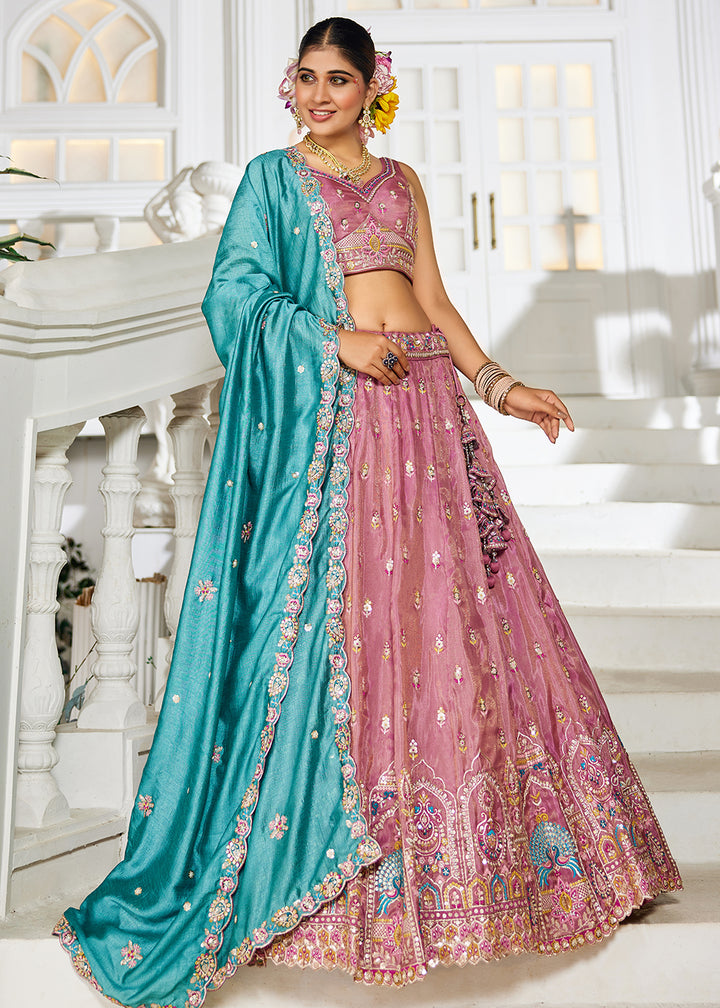 Buy Now Pink Tissue Fabric Embroidered Reception Lehenga Choli Online in USA, UK, Canada, France, Italy, Germany, Denmark, UAE & Worldwide at Empress Clothing.