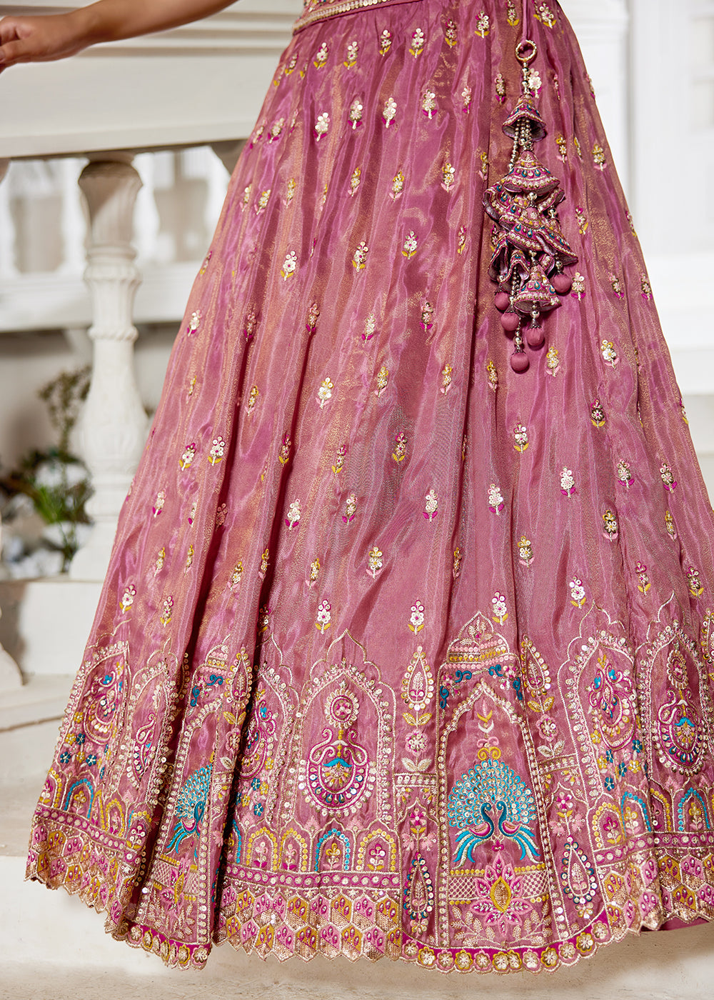 Buy Now Pink Tissue Fabric Embroidered Reception Lehenga Choli Online in USA, UK, Canada, France, Italy, Germany, Denmark, UAE & Worldwide at Empress Clothing.