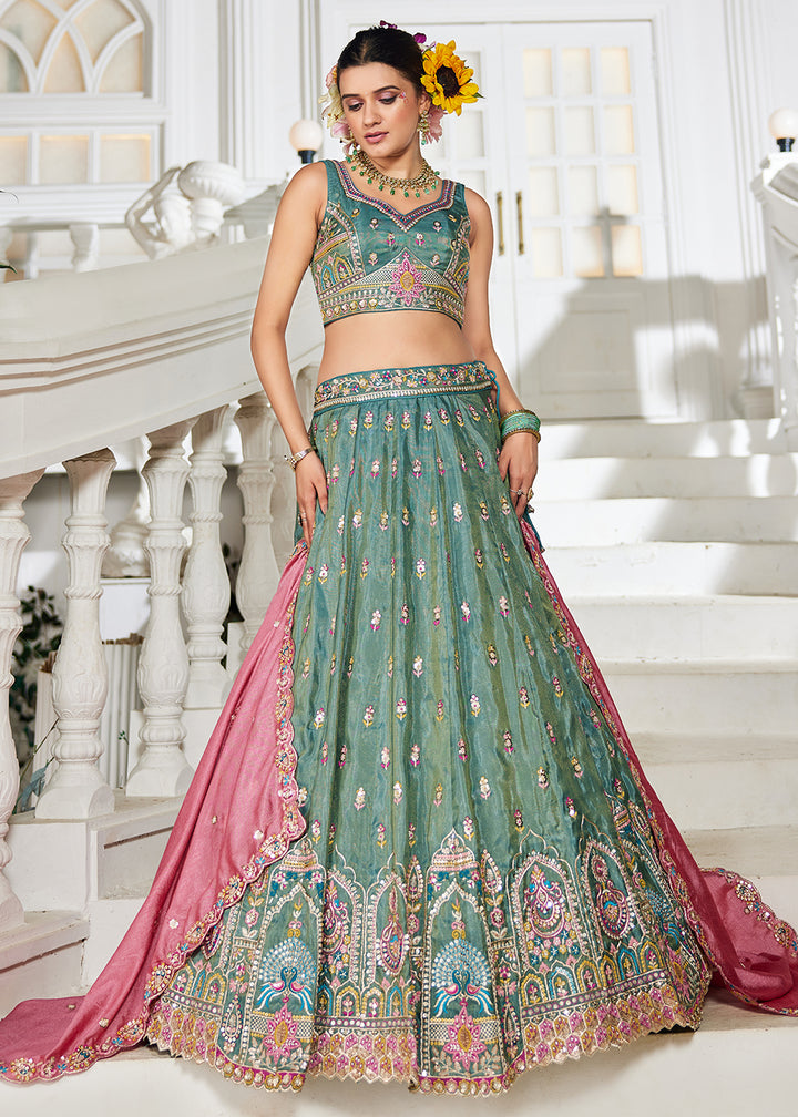 Buy Now Sea Green Tissue Fabric Embroidered Reception Lehenga Choli Online in USA, UK, Canada, France, Italy, Germany, UAE & Worldwide at Empress Clothing.