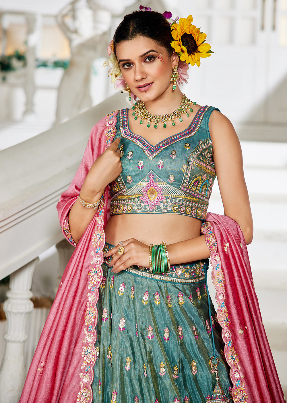 Buy Now Sea Green Tissue Fabric Embroidered Reception Lehenga Choli Online in USA, UK, Canada, France, Italy, Germany, UAE & Worldwide at Empress Clothing.