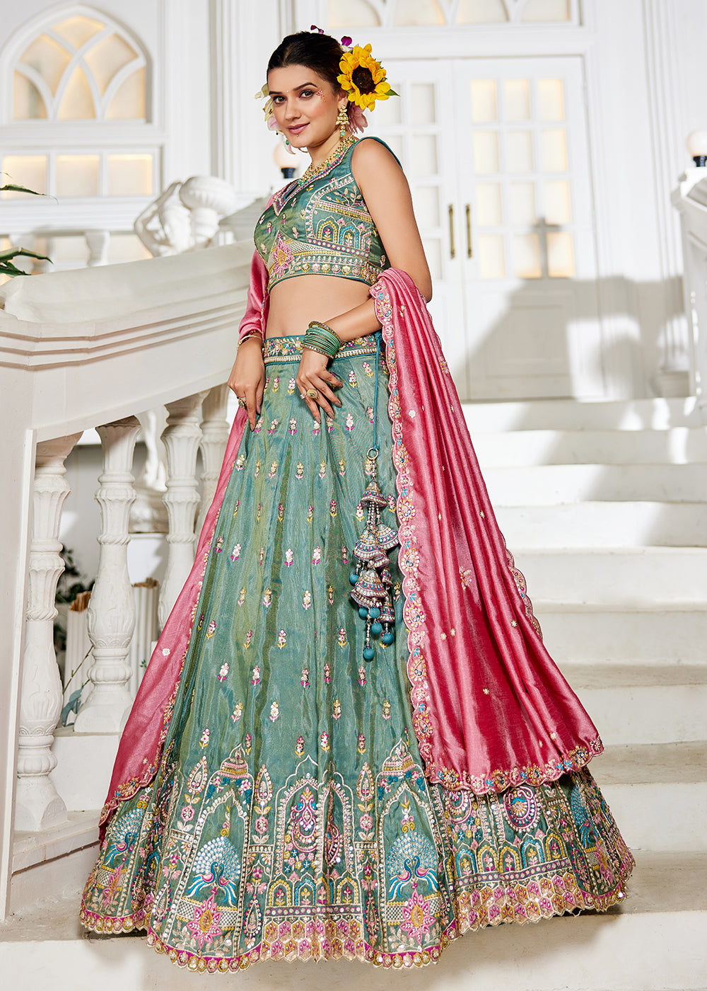Buy Now Sea Green Tissue Fabric Embroidered Reception Lehenga Choli Online in USA, UK, Canada, France, Italy, Germany, UAE & Worldwide at Empress Clothing.
