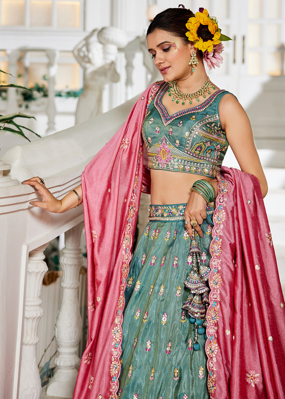 Buy Now Sea Green Tissue Fabric Embroidered Reception Lehenga Choli Online in USA, UK, Canada, France, Italy, Germany, UAE & Worldwide at Empress Clothing.