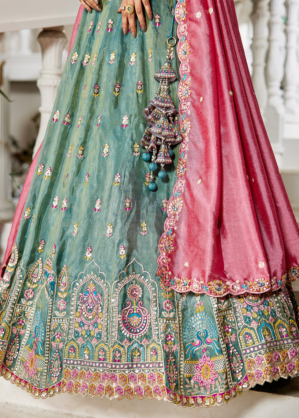 Buy Now Sea Green Tissue Fabric Embroidered Reception Lehenga Choli Online in USA, UK, Canada, France, Italy, Germany, UAE & Worldwide at Empress Clothing.