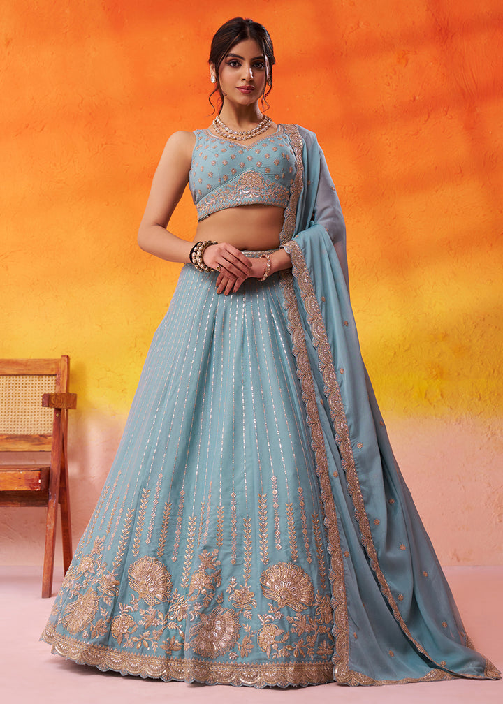 Buy Now Green Tissue Silk Embroidered Pre Wedding Lehenga Choli Online in US, UK, Canada, France, Germany, Sweden, Greece, Denmark, UAE & Worldwide at Empress.