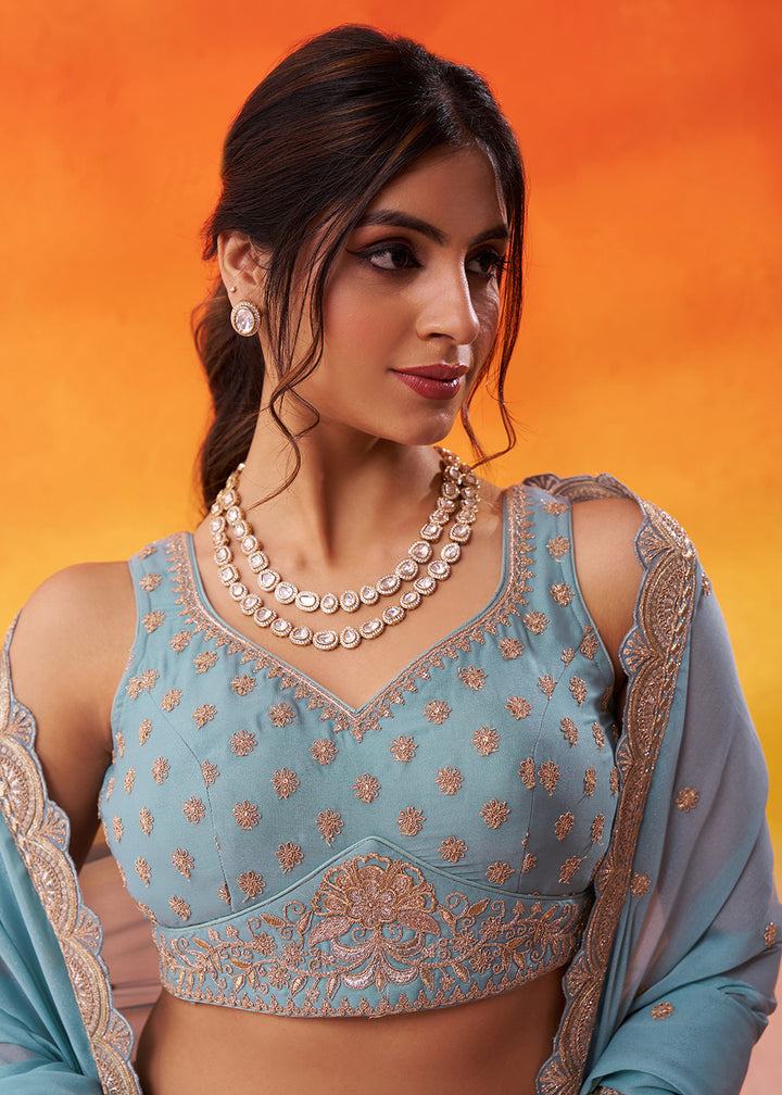 Buy Now Green Tissue Silk Embroidered Pre Wedding Lehenga Choli Online in US, UK, Canada, France, Germany, Sweden, Greece, Denmark, UAE & Worldwide at Empress.