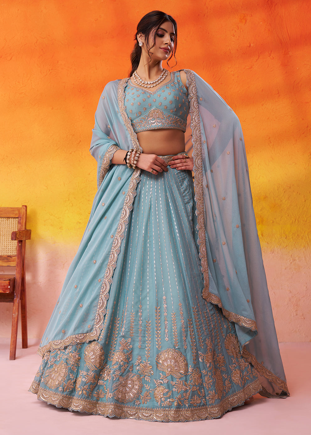 Buy Now Green Tissue Silk Embroidered Pre Wedding Lehenga Choli Online in US, UK, Canada, France, Germany, Sweden, Greece, Denmark, UAE & Worldwide at Empress.