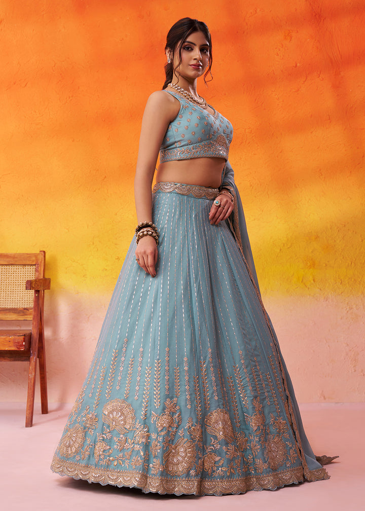 Buy Now Green Tissue Silk Embroidered Pre Wedding Lehenga Choli Online in US, UK, Canada, France, Germany, Sweden, Greece, Denmark, UAE & Worldwide at Empress.