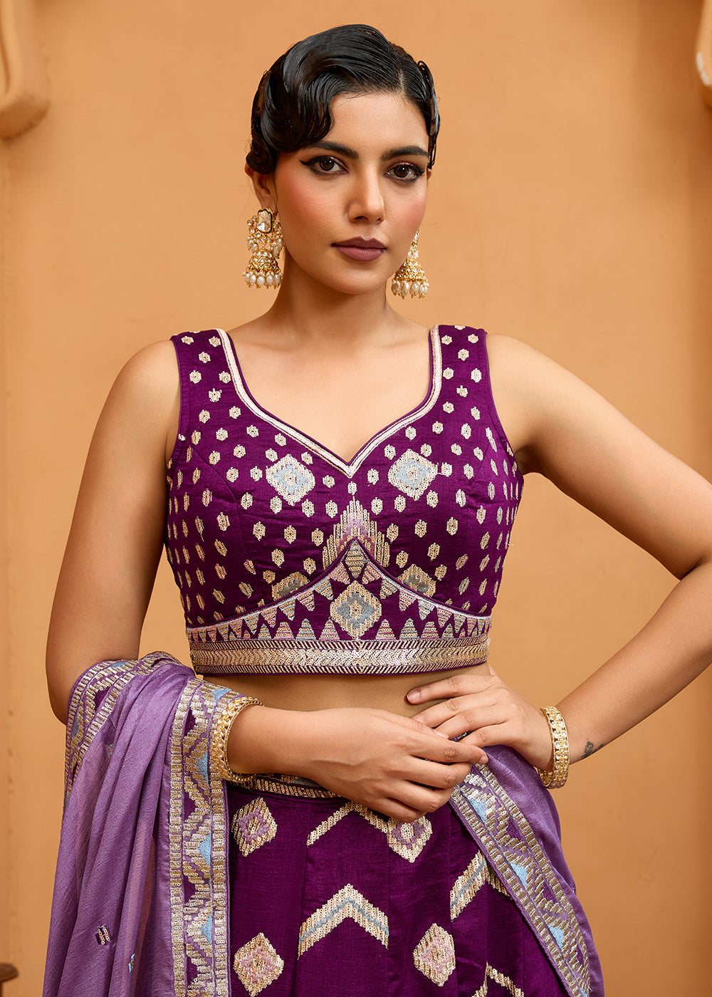 Buy Now Reception Style Burgundy Embroidered Lehenga Choli Online in US, UK, Canada, France, Italy, Germany, Sweden, Denmark, Greece & Worldwide at Empress.