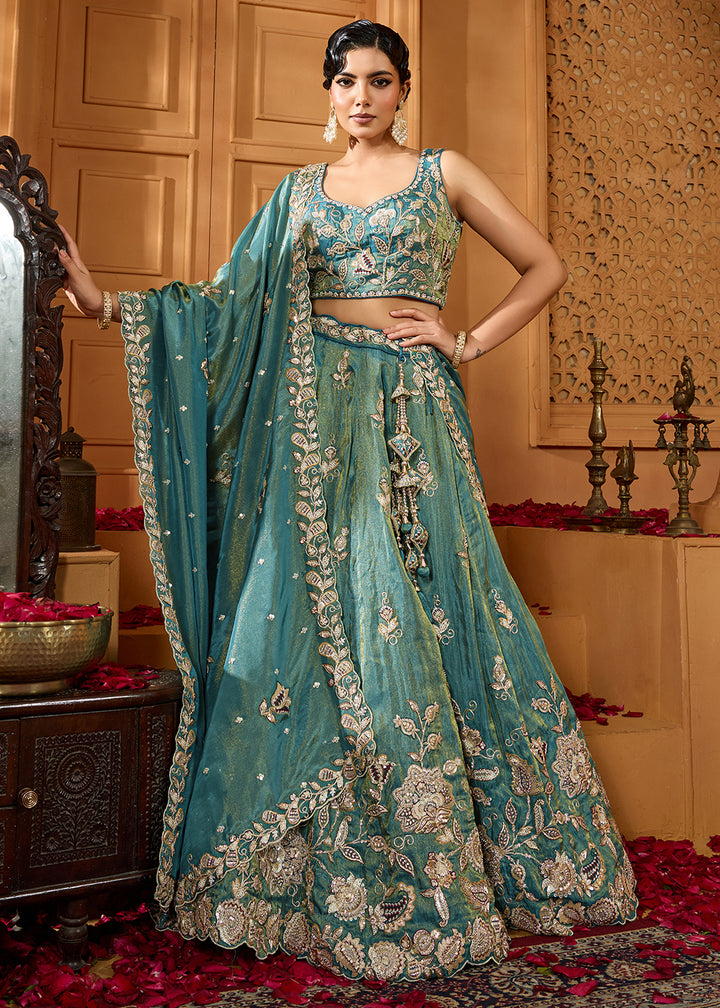 Buy Now Wedding Style Green Tissue Fabric Lehenga Choli Online in US, UK, Canada, France, Italy, Germany, Sweden, Denmark, Greece, Spain & Worldwide at Empress.