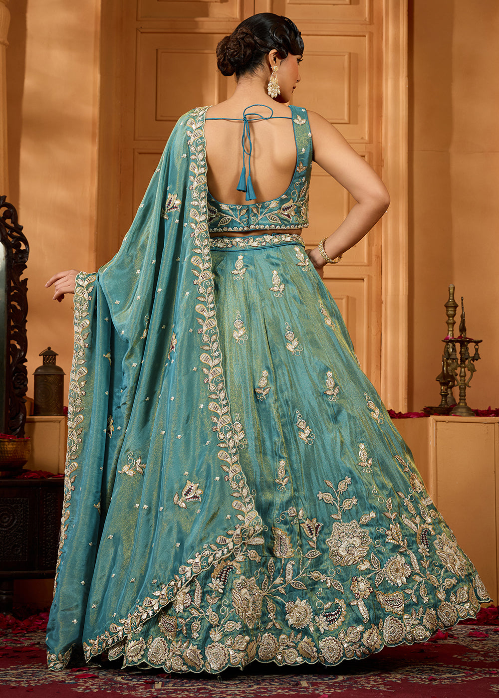 Buy Now Wedding Style Green Tissue Fabric Lehenga Choli Online in US, UK, Canada, France, Italy, Germany, Sweden, Denmark, Greece, Spain & Worldwide at Empress.