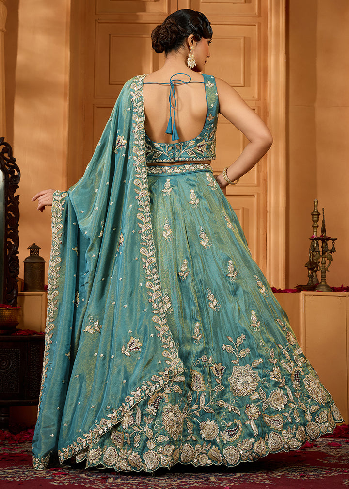 Buy Now Wedding Style Green Tissue Fabric Lehenga Choli Online in US, UK, Canada, France, Italy, Germany, Sweden, Denmark, Greece, Spain & Worldwide at Empress.