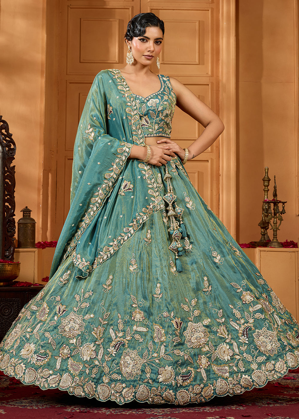 Buy Now Wedding Style Green Tissue Fabric Lehenga Choli Online in US, UK, Canada, France, Italy, Germany, Sweden, Denmark, Greece, Spain & Worldwide at Empress.
