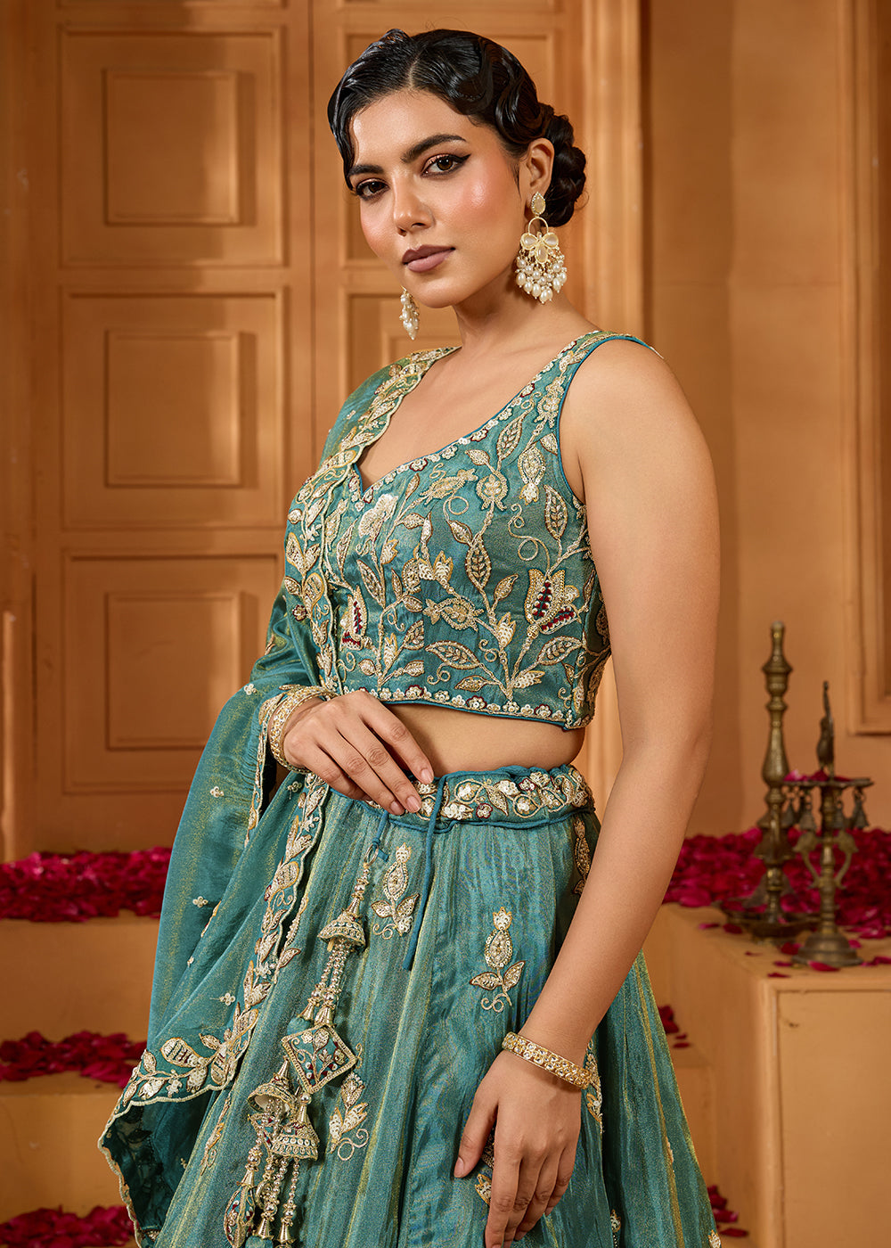 Buy Now Wedding Style Green Tissue Fabric Lehenga Choli Online in US, UK, Canada, France, Italy, Germany, Sweden, Denmark, Greece, Spain & Worldwide at Empress.