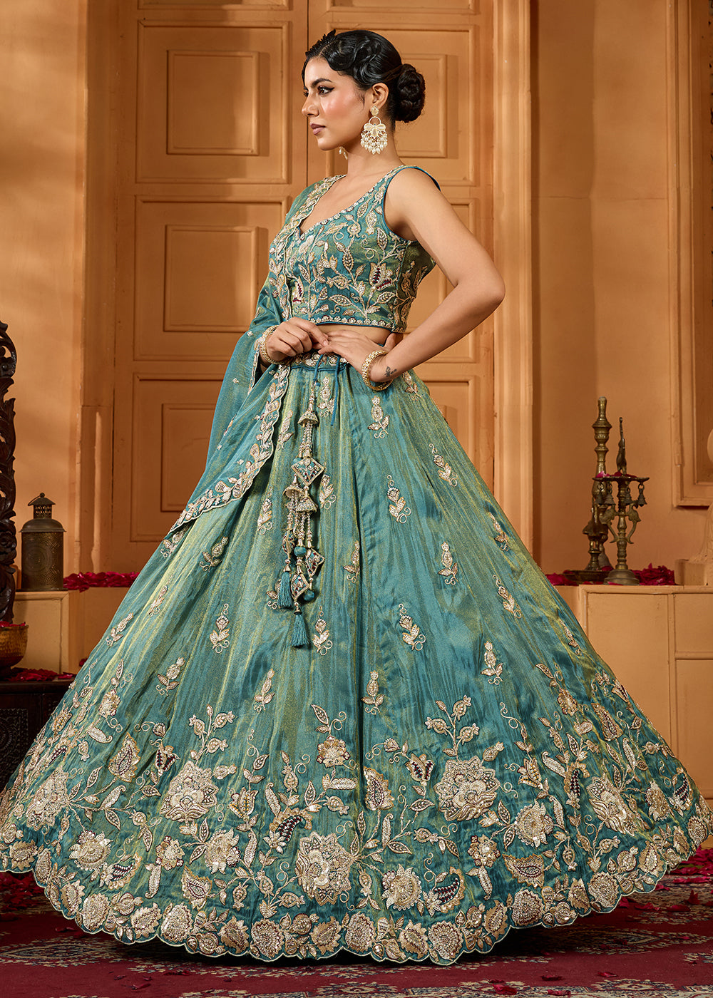 Buy Now Wedding Style Green Tissue Fabric Lehenga Choli Online in US, UK, Canada, France, Italy, Germany, Sweden, Denmark, Greece, Spain & Worldwide at Empress.