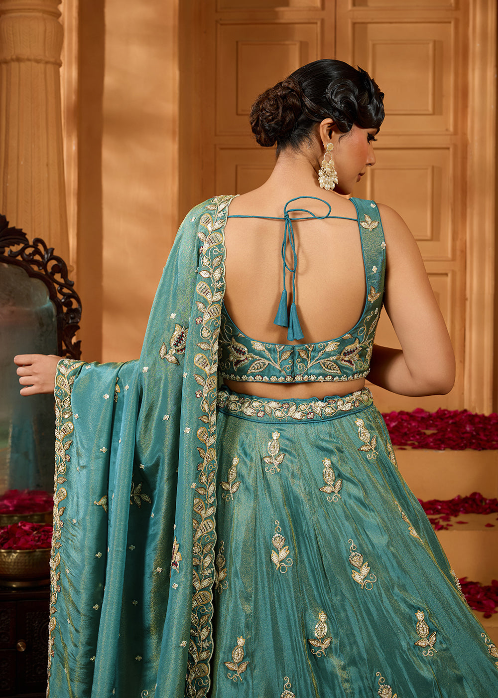 Buy Now Wedding Style Green Tissue Fabric Lehenga Choli Online in US, UK, Canada, France, Italy, Germany, Sweden, Denmark, Greece, Spain & Worldwide at Empress.