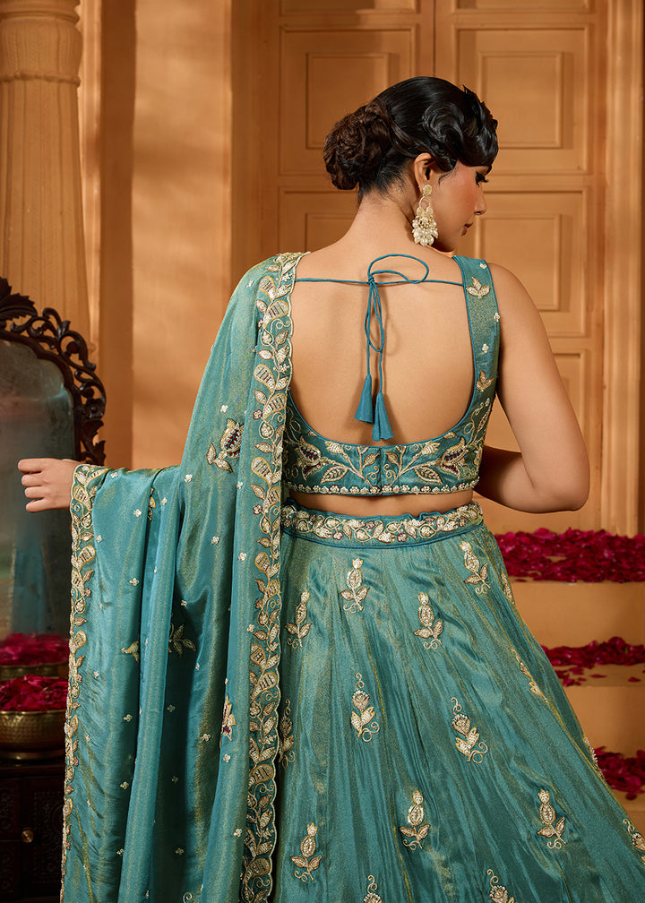 Buy Now Wedding Style Green Tissue Fabric Lehenga Choli Online in US, UK, Canada, France, Italy, Germany, Sweden, Denmark, Greece, Spain & Worldwide at Empress.