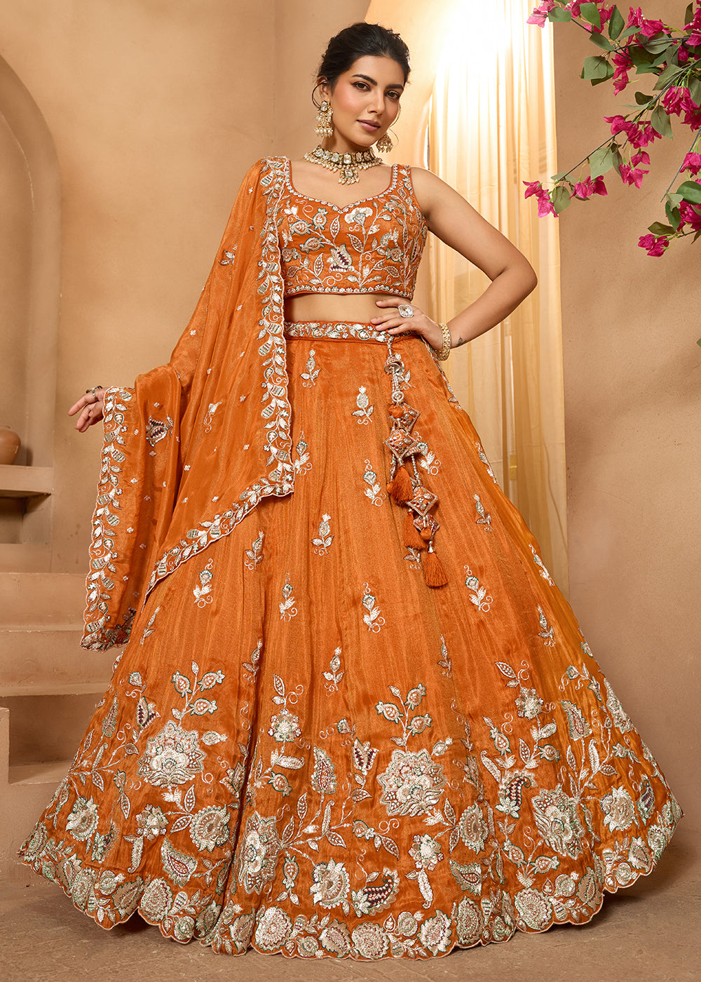 Buy Now Wedding Style Orange Tissue Fabric Lehenga Choli Online in US, UK, Canada, France, Italy, Germany, Sweden, Denmark, Greece, Spain & Worldwide at Empress.