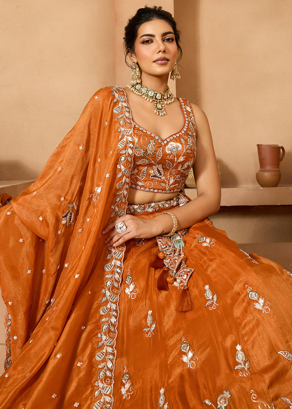 Buy Now Wedding Style Orange Tissue Fabric Lehenga Choli Online in US, UK, Canada, France, Italy, Germany, Sweden, Denmark, Greece, Spain & Worldwide at Empress.