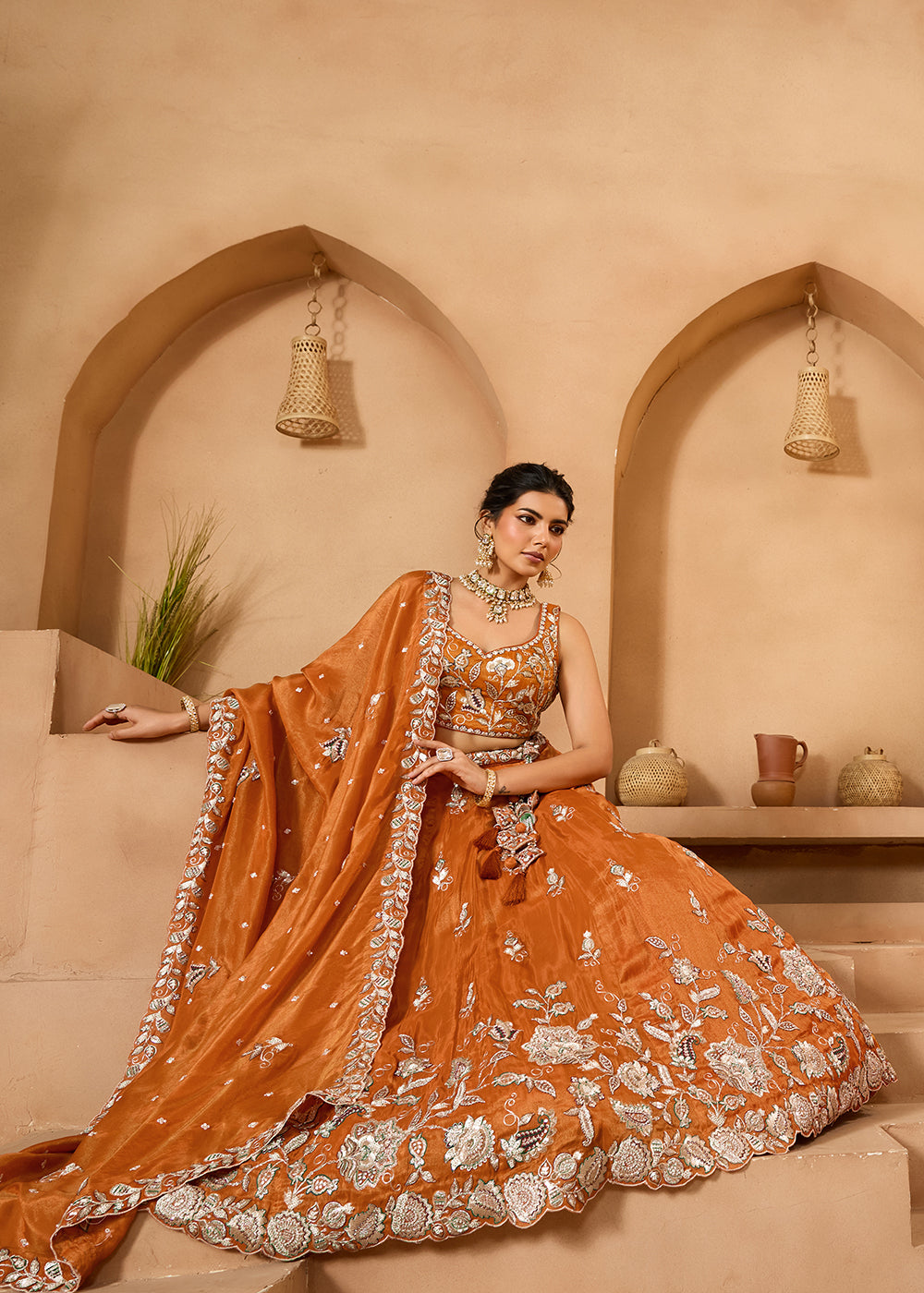 Buy Now Wedding Style Orange Tissue Fabric Lehenga Choli Online in US, UK, Canada, France, Italy, Germany, Sweden, Denmark, Greece, Spain & Worldwide at Empress.