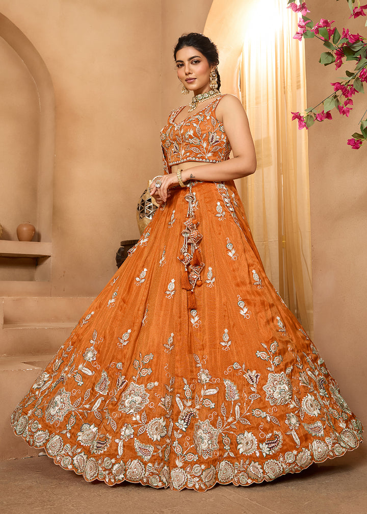 Buy Now Wedding Style Orange Tissue Fabric Lehenga Choli Online in US, UK, Canada, France, Italy, Germany, Sweden, Denmark, Greece, Spain & Worldwide at Empress.