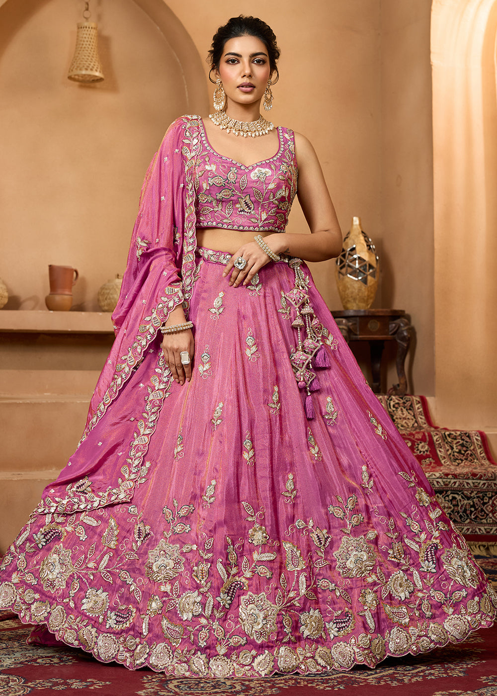 Buy Now Wedding Style Pink Tissue Fabric Lehenga Choli Online in US, UK, Canada, France, Italy, Germany, Sweden, Denmark, Greece, Spain & Worldwide at Empress