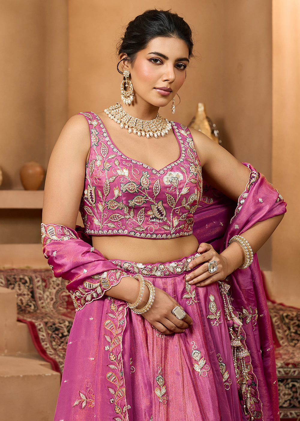 Buy Now Wedding Style Pink Tissue Fabric Lehenga Choli Online in US, UK, Canada, France, Italy, Germany, Sweden, Denmark, Greece, Spain & Worldwide at Empress