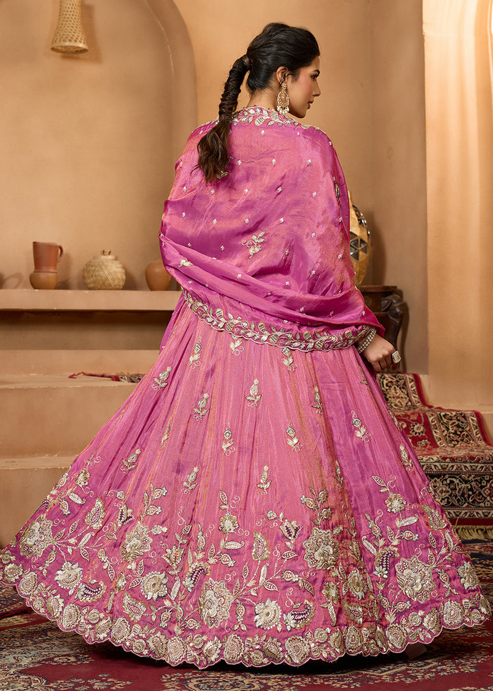 Buy Now Wedding Style Pink Tissue Fabric Lehenga Choli Online in US, UK, Canada, France, Italy, Germany, Sweden, Denmark, Greece, Spain & Worldwide at Empress