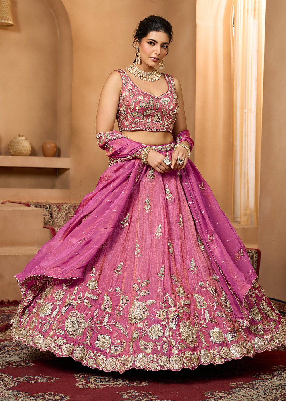 Buy Now Wedding Style Pink Tissue Fabric Lehenga Choli Online in US, UK, Canada, France, Italy, Germany, Sweden, Denmark, Greece, Spain & Worldwide at Empress