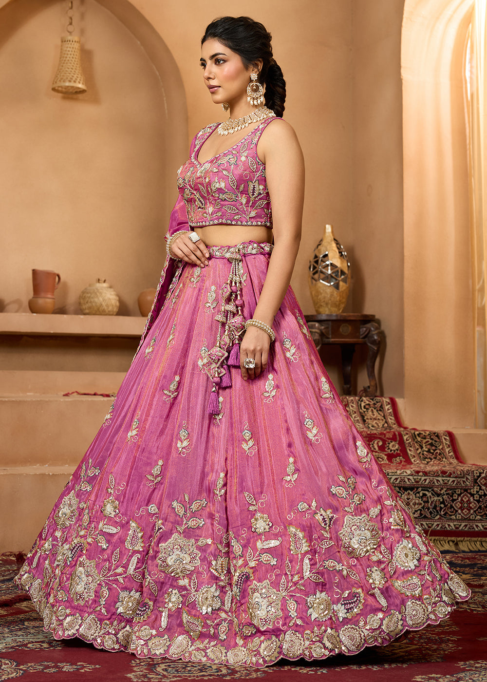 Buy Now Wedding Style Pink Tissue Fabric Lehenga Choli Online in US, UK, Canada, France, Italy, Germany, Sweden, Denmark, Greece, Spain & Worldwide at Empress