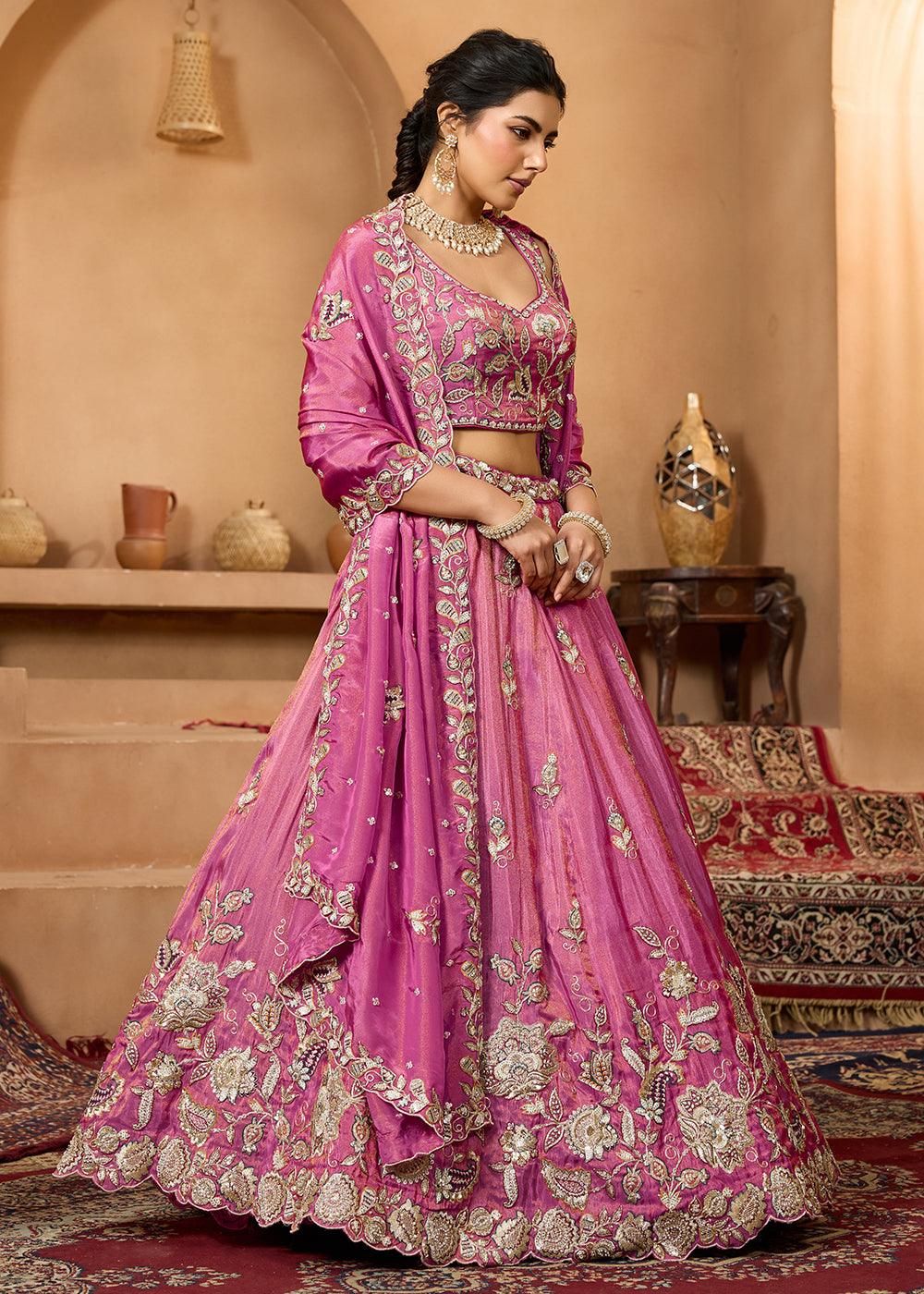 Buy Now Wedding Style Pink Tissue Fabric Lehenga Choli Online in US, UK, Canada, France, Italy, Germany, Sweden, Denmark, Greece, Spain & Worldwide at Empress