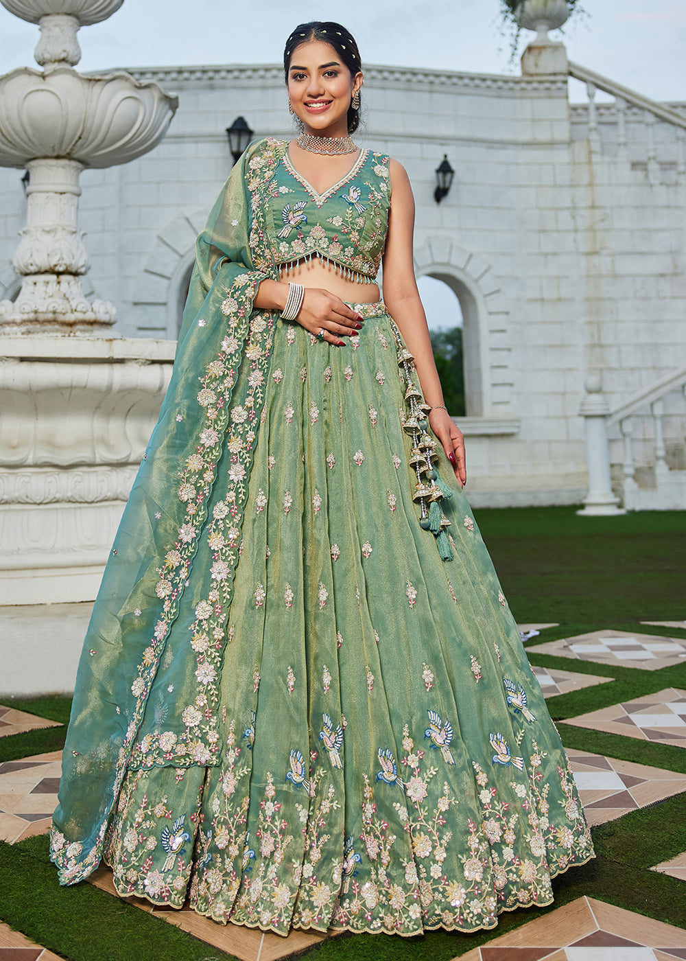 Buy Now Green Tissue Beads & Threads Wedding Lehenga Choli Online in US, UK, Canada, France, Italy, Germany, Austria, Denmark, Spain & Worldwide at Empress.