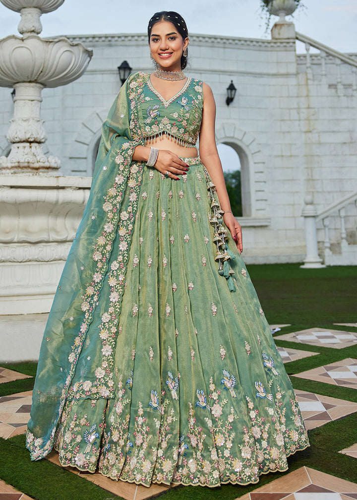 Buy Now Green Tissue Beads & Threads Wedding Lehenga Choli Online in US, UK, Canada, France, Italy, Germany, Austria, Denmark, Spain & Worldwide at Empress.