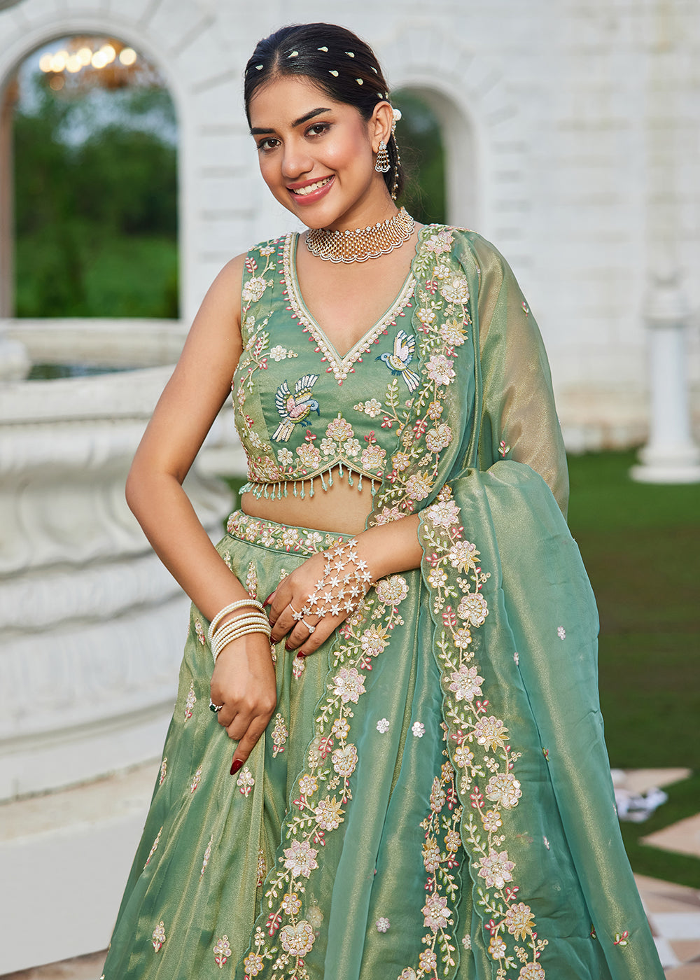 Buy Now Green Tissue Beads & Threads Wedding Lehenga Choli Online in US, UK, Canada, France, Italy, Germany, Austria, Denmark, Spain & Worldwide at Empress.