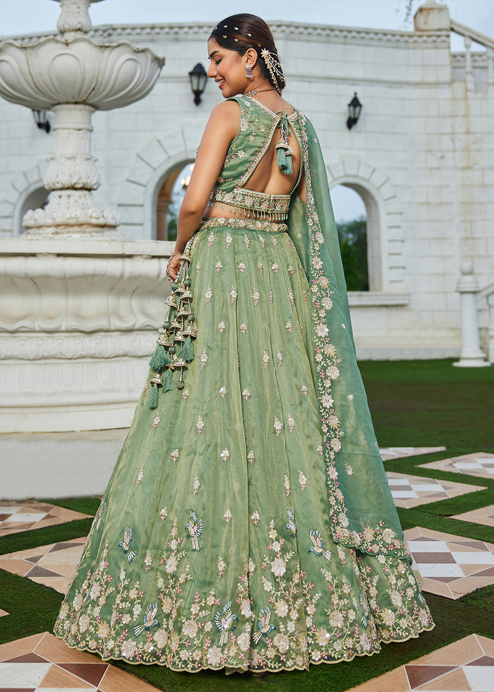 Buy Now Green Tissue Beads & Threads Wedding Lehenga Choli Online in US, UK, Canada, France, Italy, Germany, Austria, Denmark, Spain & Worldwide at Empress.