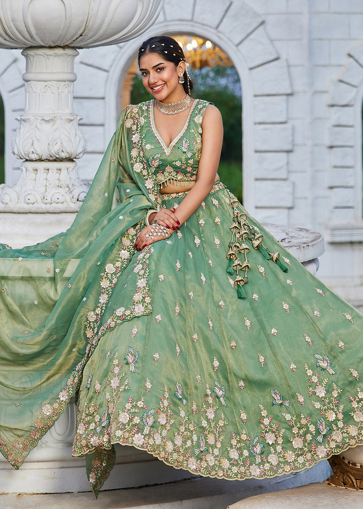 Buy Now Green Tissue Beads & Threads Wedding Lehenga Choli Online in US, UK, Canada, France, Italy, Germany, Austria, Denmark, Spain & Worldwide at Empress.