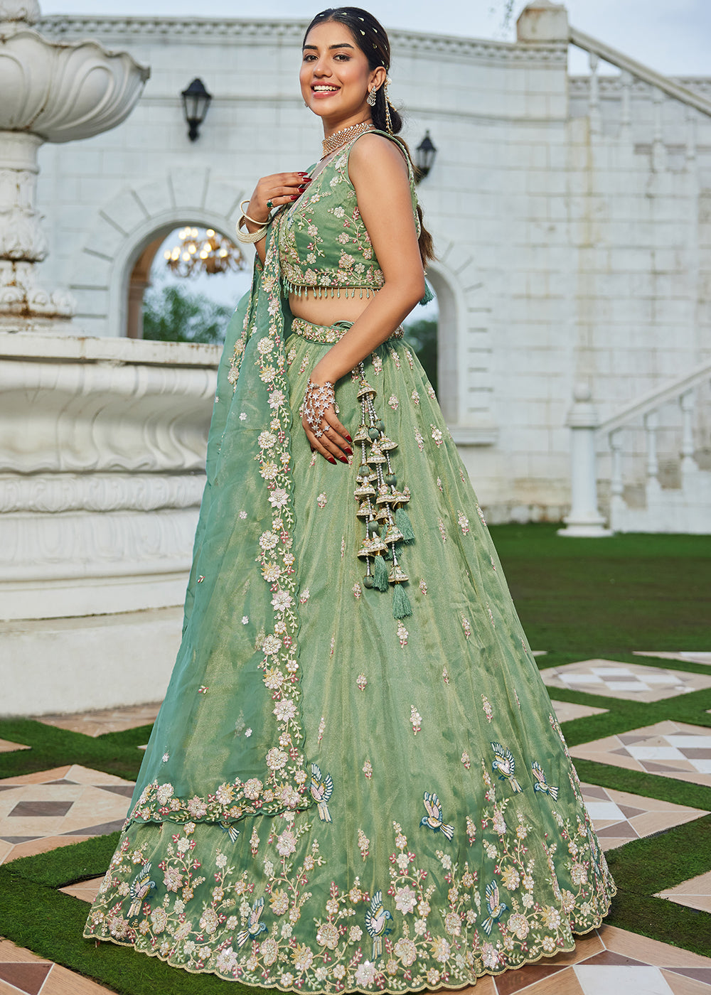 Buy Now Green Tissue Beads & Threads Wedding Lehenga Choli Online in US, UK, Canada, France, Italy, Germany, Austria, Denmark, Spain & Worldwide at Empress.