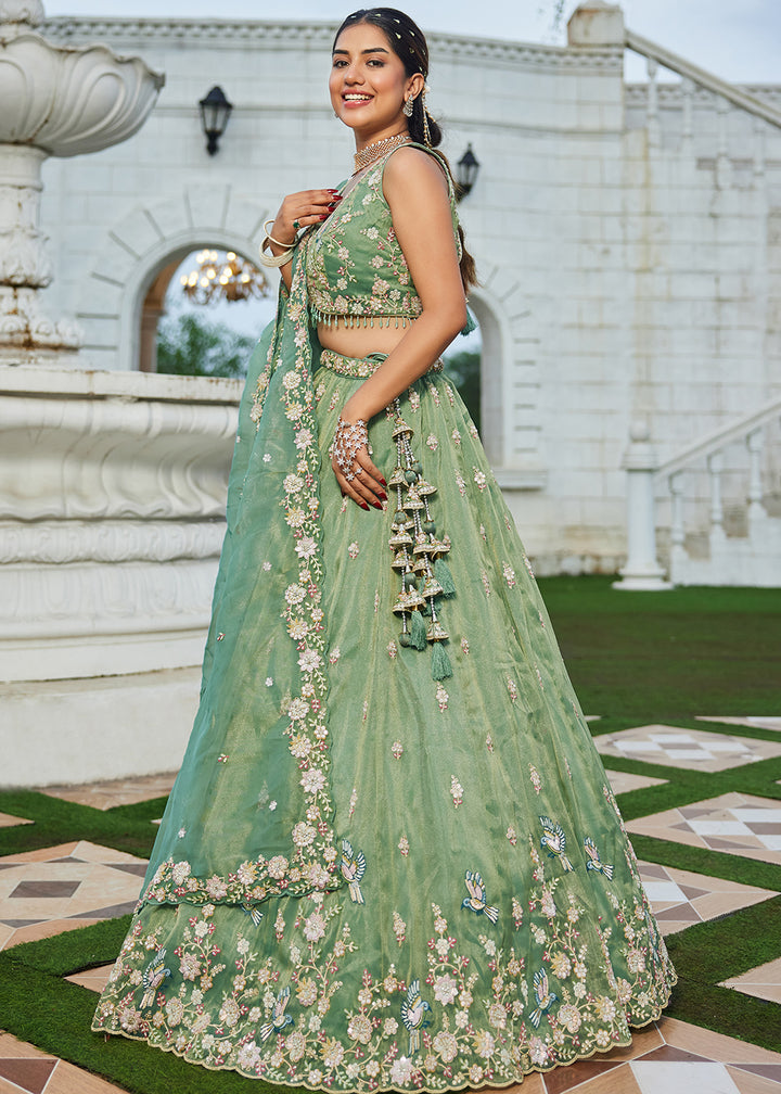 Buy Now Green Tissue Beads & Threads Wedding Lehenga Choli Online in US, UK, Canada, France, Italy, Germany, Austria, Denmark, Spain & Worldwide at Empress.