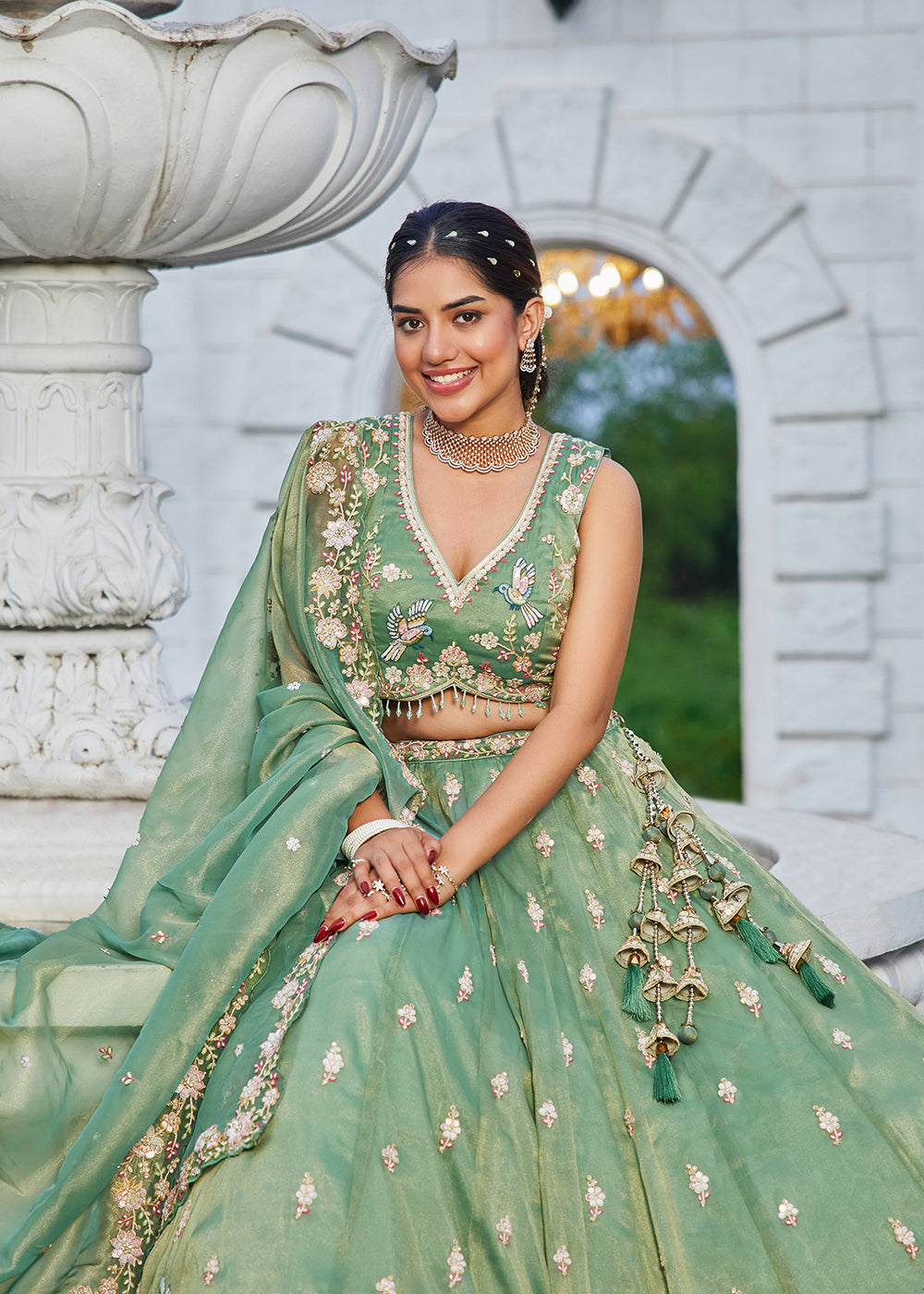 Buy Now Green Tissue Beads & Threads Wedding Lehenga Choli Online in US, UK, Canada, France, Italy, Germany, Austria, Denmark, Spain & Worldwide at Empress.