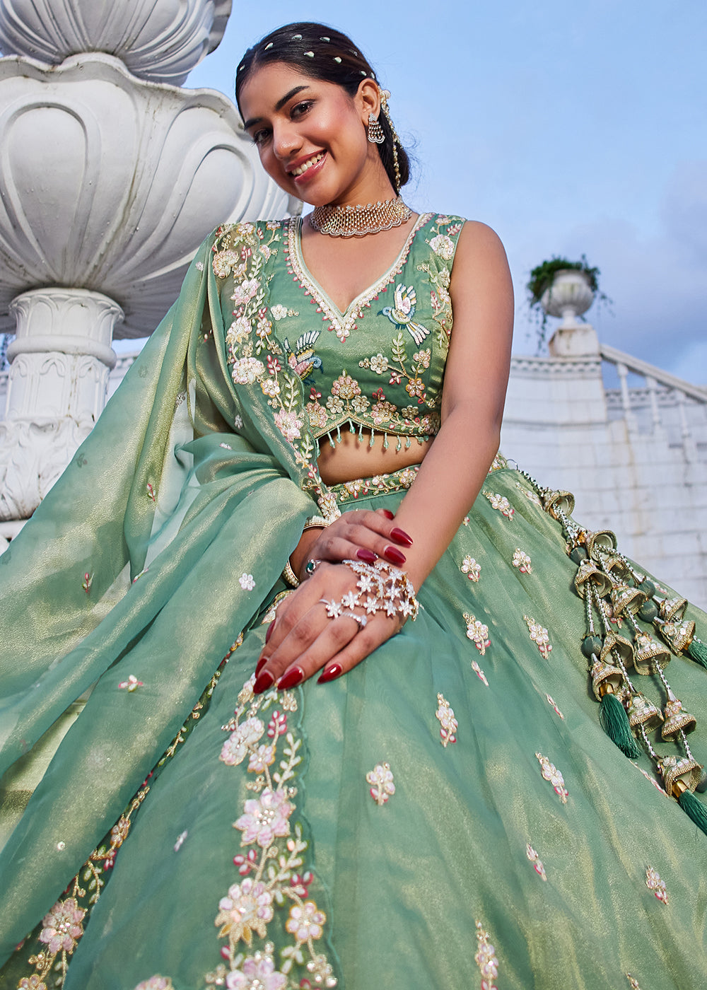 Buy Now Green Tissue Beads & Threads Wedding Lehenga Choli Online in US, UK, Canada, France, Italy, Germany, Austria, Denmark, Spain & Worldwide at Empress.
