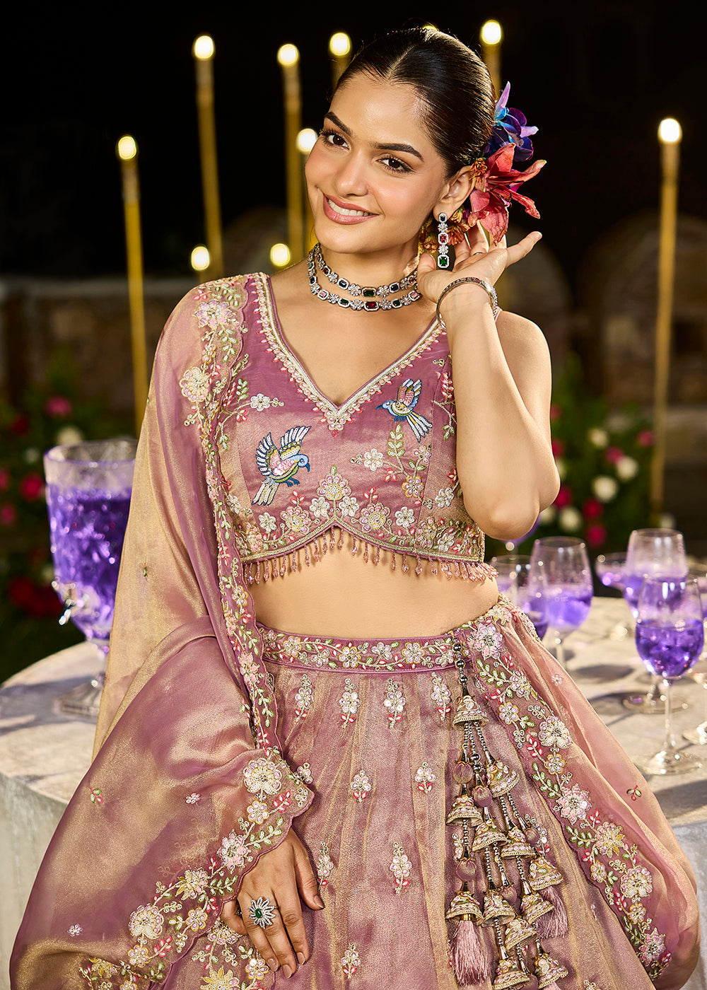 Buy Now Lavender Tissue Beads & Threads Wedding Lehenga Choli Online in US, UK, Canada, France, Italy, Germany, Austria, Denmark, Spain & Worldwide at Empress.