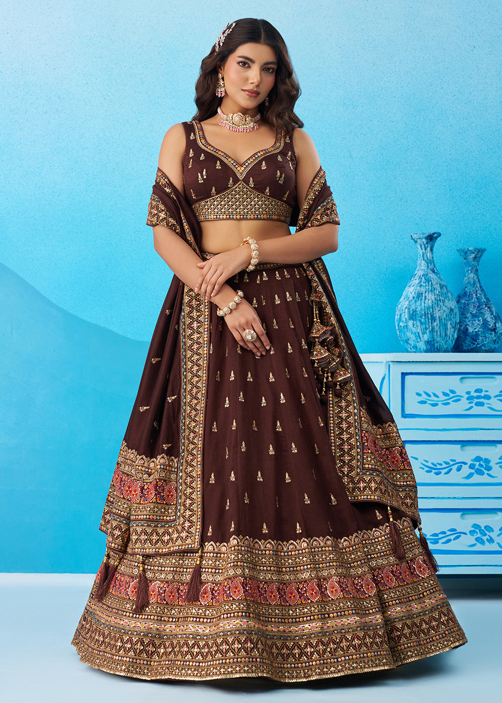 Buy Now Brown Chinnon Silk Sequins & Zari Festive Lehenga Choli Online in US, UK, Canada, France, Italy, Germany, Sweden, Greece, UAE & Worldwide at Empress.