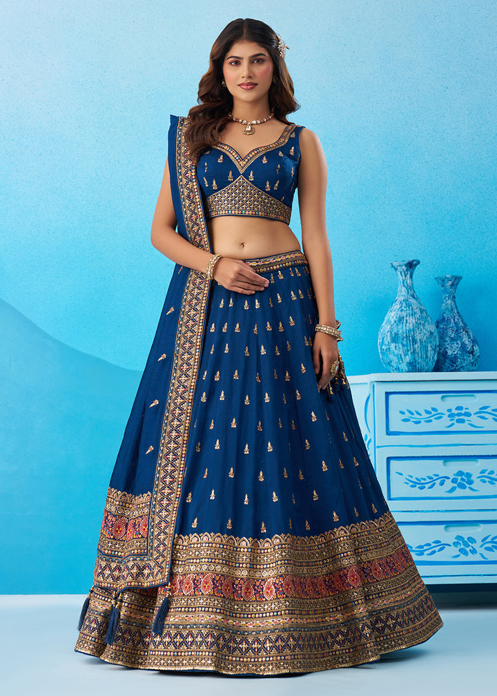 Buy Now Blue Chinnon Silk Sequins & Zari Festive Lehenga Choli Online in US, UK, Canada, France, Italy, Germany, Sweden, Greece, UAE & Worldwide at Empress.
