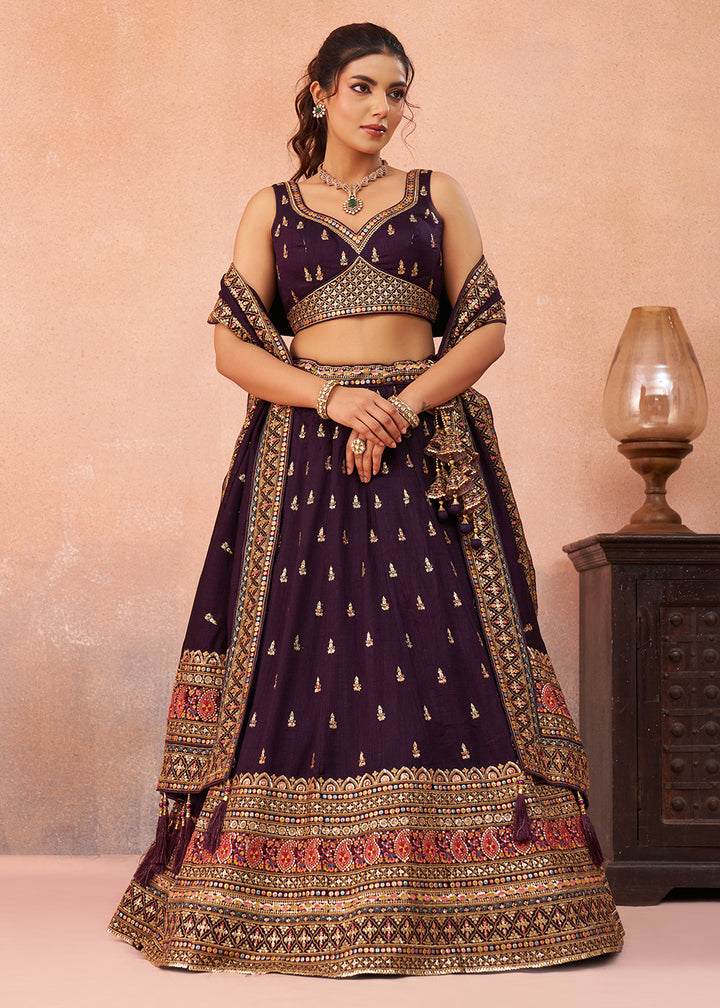 Buy Now Purple Chinnon Silk Sequins & Zari Festive Lehenga Choli Online in US, UK, Canada, France, Italy, Germany, Sweden, Greece, UAE & Worldwide at Empress.