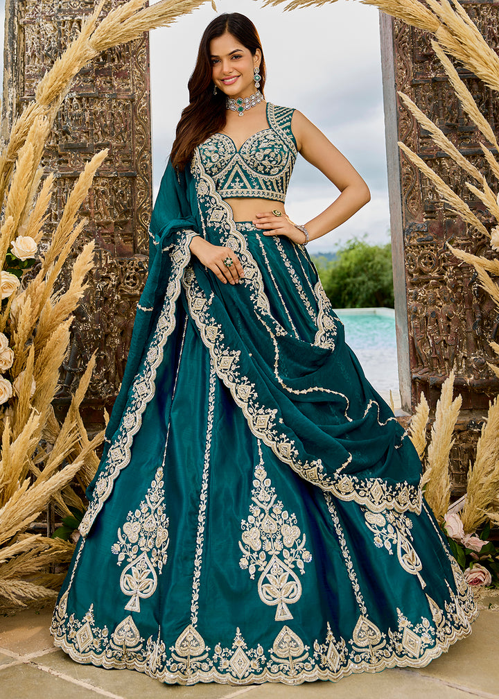 Buy Now Premium Rama Green Beads Wedding Festive Lehenga Choli Online in US, UK, Canada, France, Italy, Germany, Sweden, Greece, UAE & Worldwide at Empress.