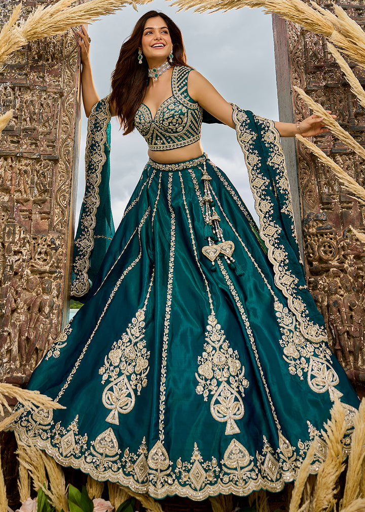 Buy Now Premium Rama Green Beads Wedding Festive Lehenga Choli Online in US, UK, Canada, France, Italy, Germany, Sweden, Greece, UAE & Worldwide at Empress.